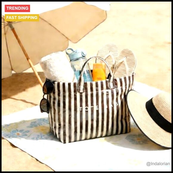 Clear PVC Tote Bag Waterproof Large Tote Beach Work Bag Trendy Striped - Picture 6 of 7